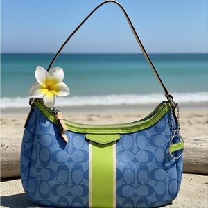 ✨COACH Signature Stripe Blue Hobo Bag – F29942 – Y2K Aesthetic🍋‍🟩🏝️☀️